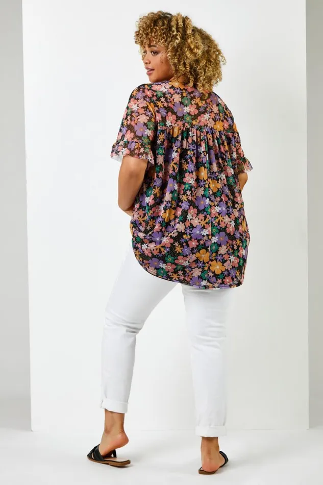 Black Curve Floral Print Mesh Yoke Top Women Roman Tops