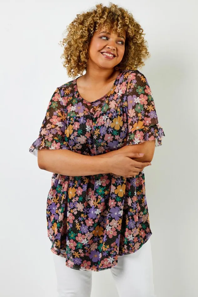 Black Curve Floral Print Mesh Yoke Top Women Roman Tops