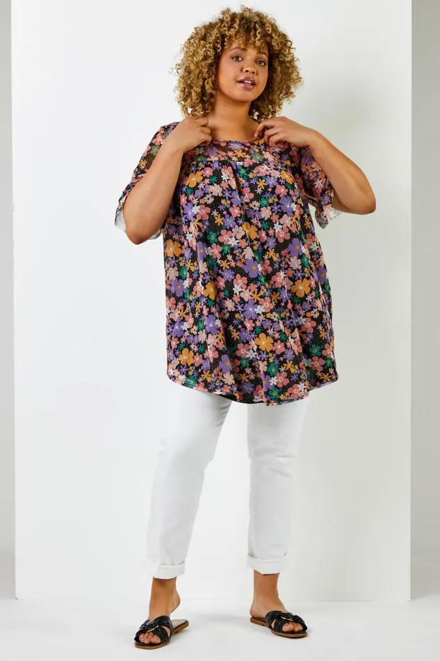 Black Curve Floral Print Mesh Yoke Top Women Roman Tops
