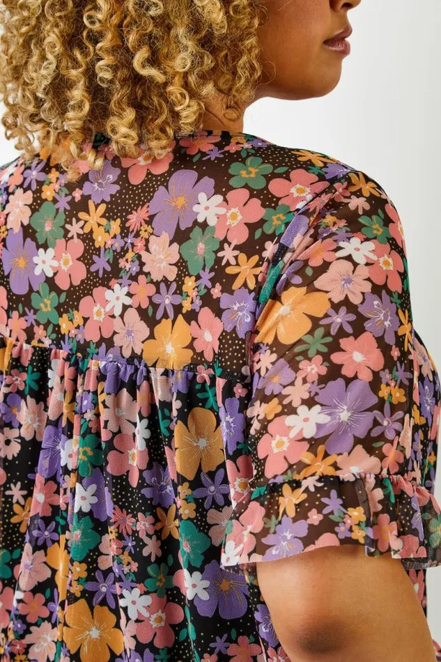 Black Curve Floral Print Mesh Yoke Top Women Roman Tops