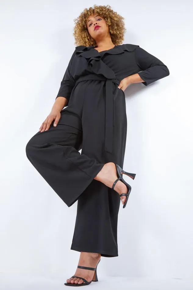 Black Curve Frill Detail Wrap Jumpsuit Women Roman Dresses