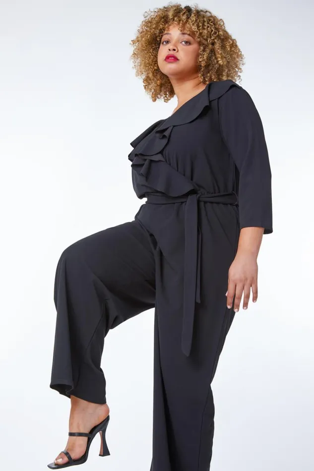 Black Curve Frill Detail Wrap Jumpsuit Women Roman Dresses