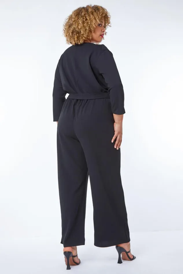 Black Curve Frill Detail Wrap Jumpsuit Women Roman Dresses