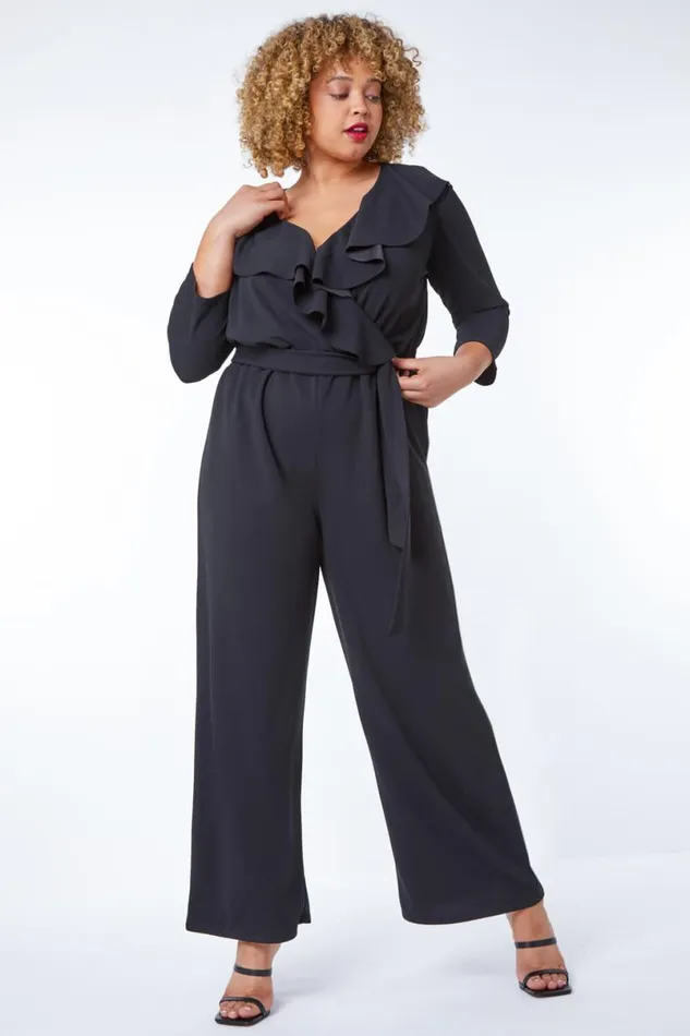 Black Curve Frill Detail Wrap Jumpsuit Women Roman Dresses