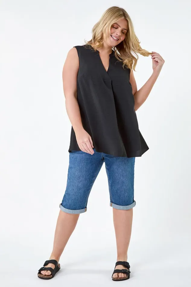 Black Curve Linen Look VNeck Vest Top Women Roman Tops
