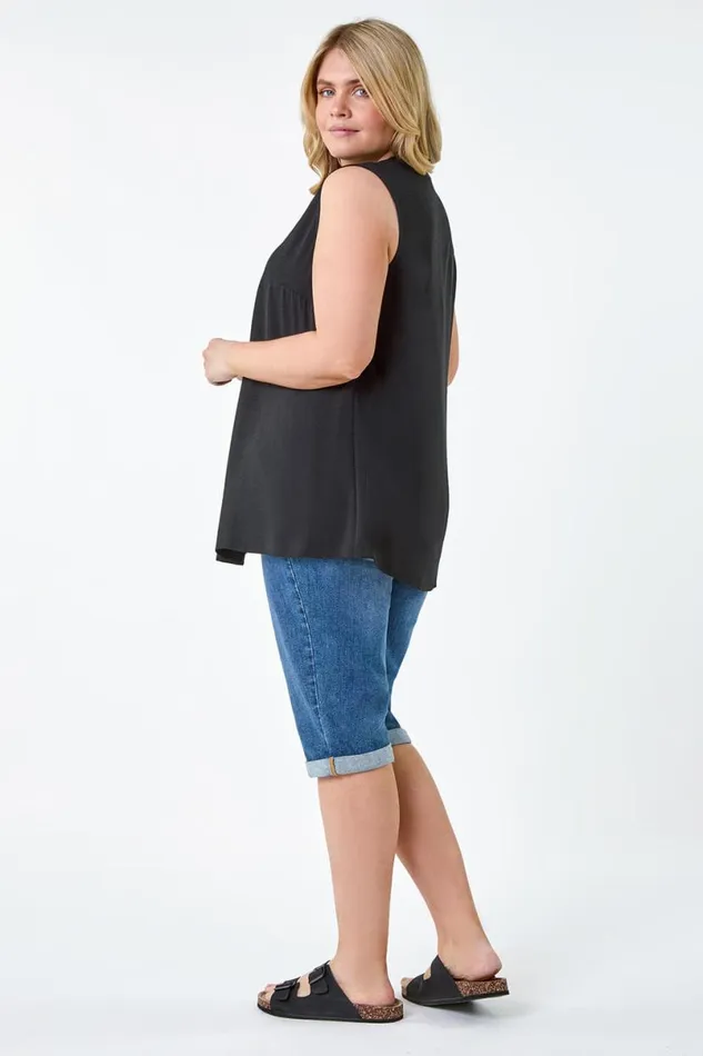 Black Curve Linen Look VNeck Vest Top Women Roman Tops