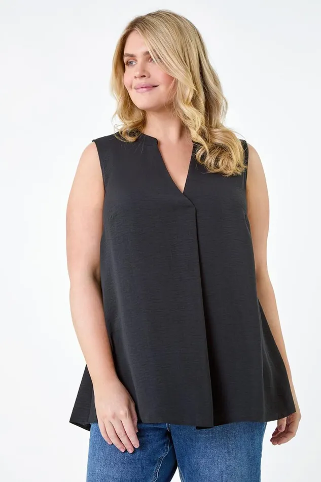 Black Curve Linen Look VNeck Vest Top Women Roman Tops