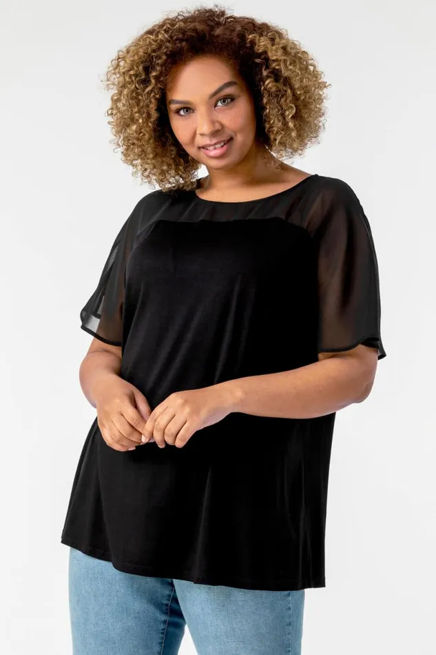 Black Curve Mesh Yoke Jersey Top Women Roman Tops