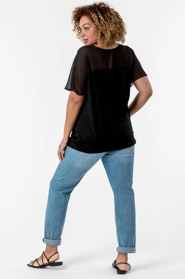 Black Curve Mesh Yoke Jersey Top Women Roman Tops