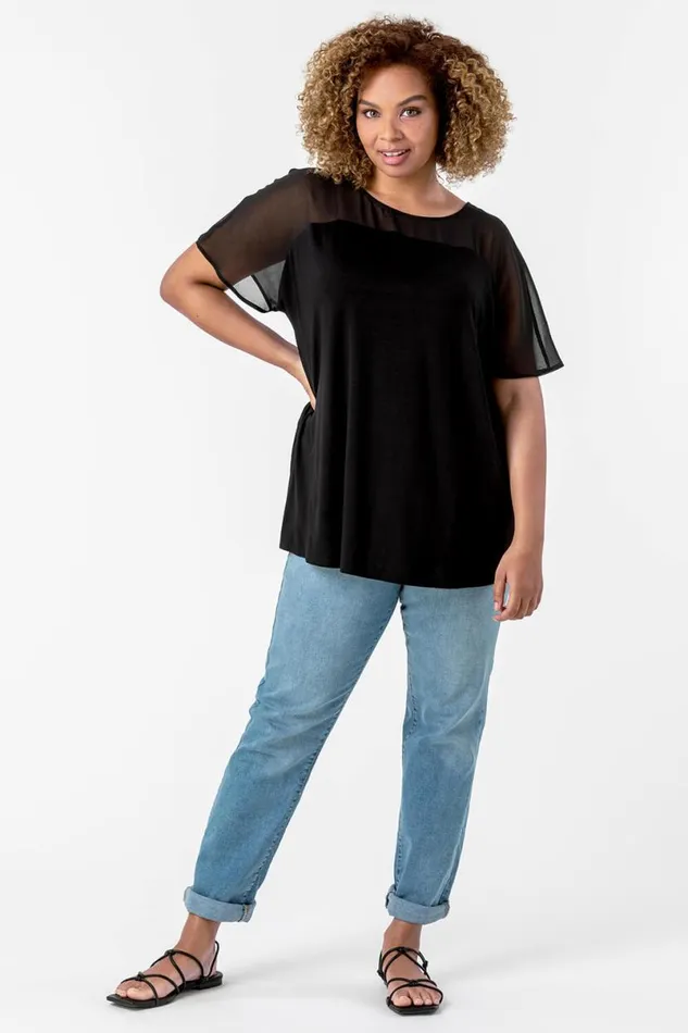 Black Curve Mesh Yoke Jersey Top Women Roman Tops