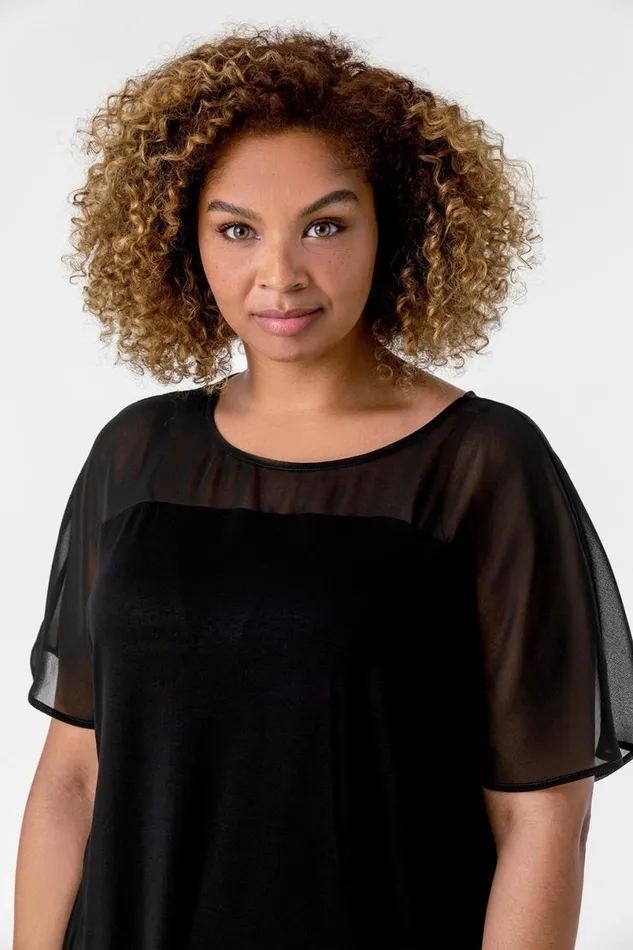 Black Curve Mesh Yoke Jersey Top Women Roman Tops