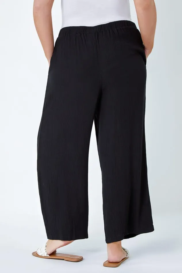 Black Curve Plain Crinkle Wide Leg Trousers Women Roman Trousers