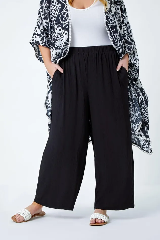 Black Curve Plain Crinkle Wide Leg Trousers Women Roman Trousers