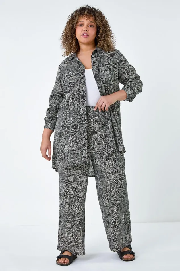 Black Curve Printed Button Through Shirt Women Roman Tops