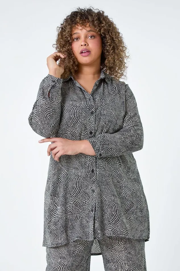Black Curve Printed Button Through Shirt Women Roman Tops