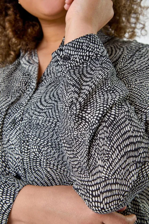 Black Curve Printed Button Through Shirt Women Roman Tops