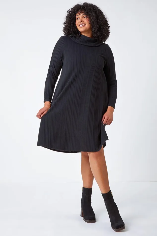 Black Curve Roll Neck Ribbed Stretch Dress Women Roman Dresses