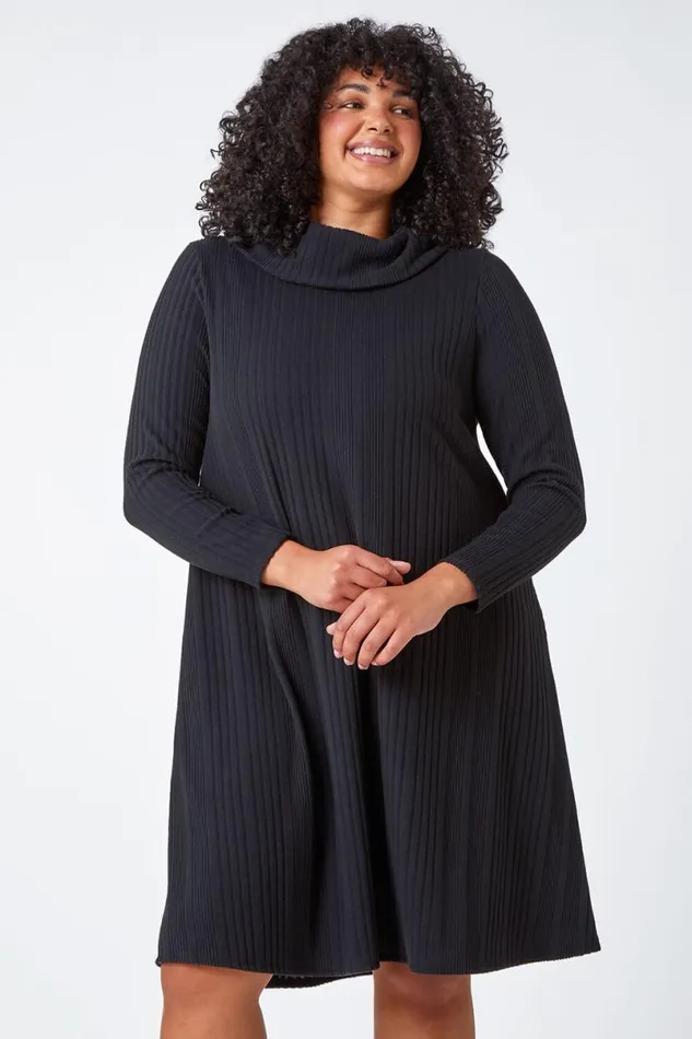 Black Curve Roll Neck Ribbed Stretch Dress Women Roman Dresses