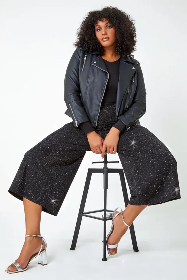 Black Curve Wide Leg Glitter Cropped Trouser Women Roman Trousers
