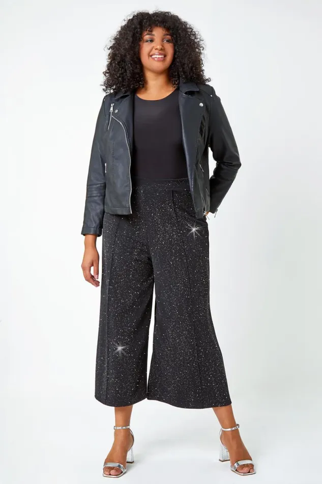 Black Curve Wide Leg Glitter Cropped Trouser Women Roman Trousers