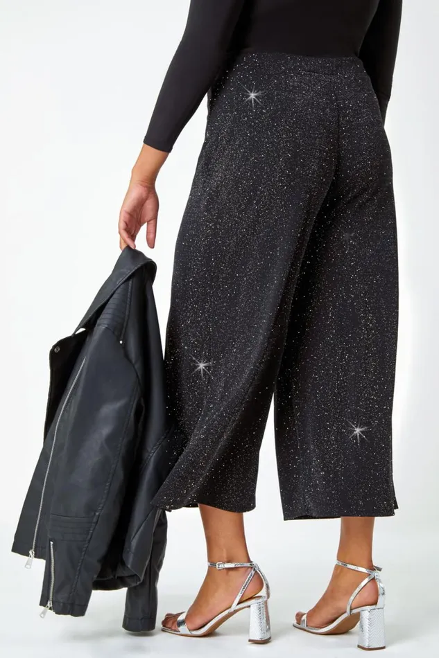 Black Curve Wide Leg Glitter Cropped Trouser Women Roman Trousers