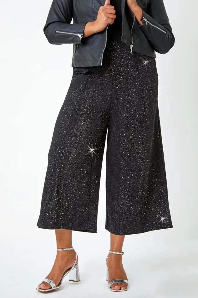 Black Curve Wide Leg Glitter Cropped Trouser Women Roman Trousers