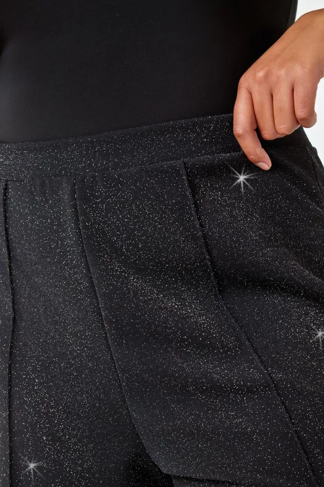 Black Curve Wide Leg Glitter Cropped Trouser Women Roman Trousers