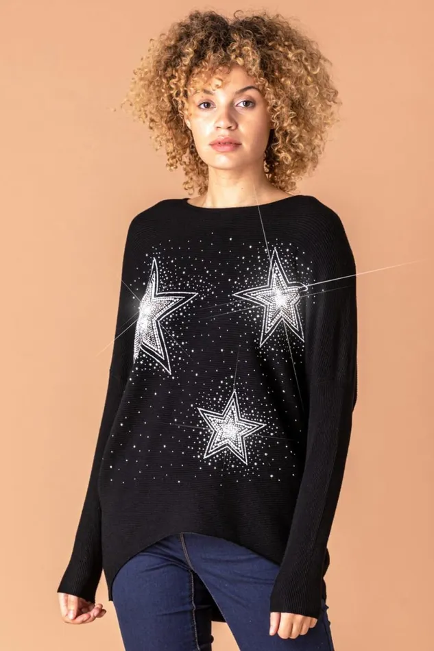 Black Diamante Embellished Star Jumper Women Roman Knitwear