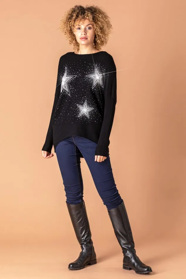 Black Diamante Embellished Star Jumper Women Roman Knitwear