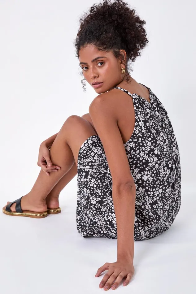 Black Ditsy Floral Frill Hem Dress Women Roman Dresses