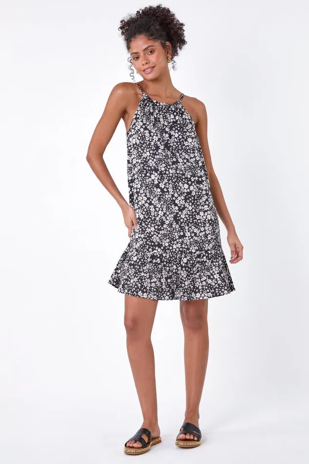 Black Ditsy Floral Frill Hem Dress Women Roman Dresses
