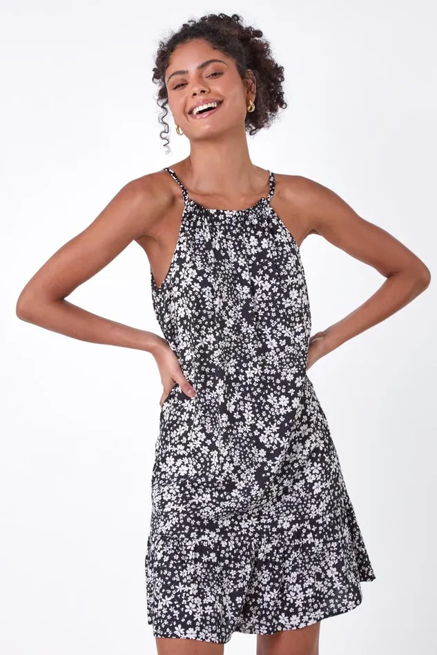 Black Ditsy Floral Frill Hem Dress Women Roman Dresses