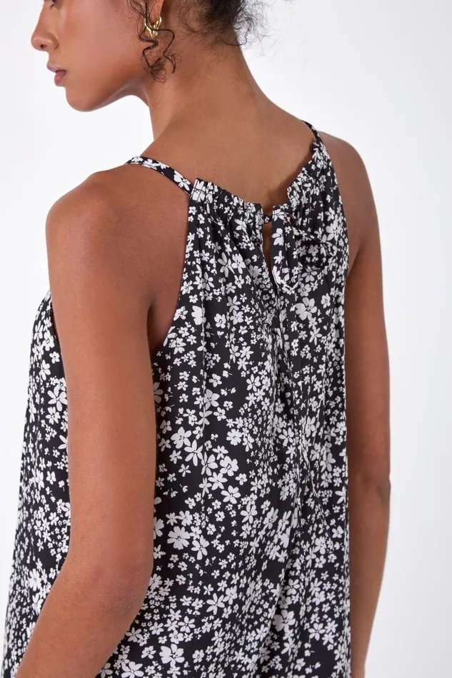 Black Ditsy Floral Frill Hem Dress Women Roman Dresses
