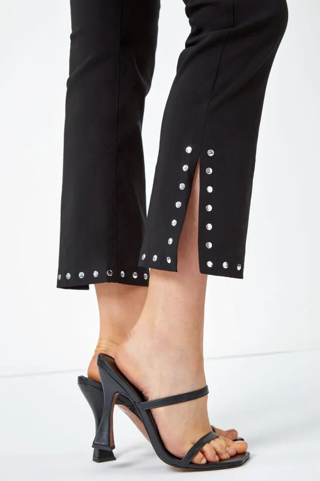 Black Elastic Waist Stud Detail Cropped Trouser Women Roman Trousers