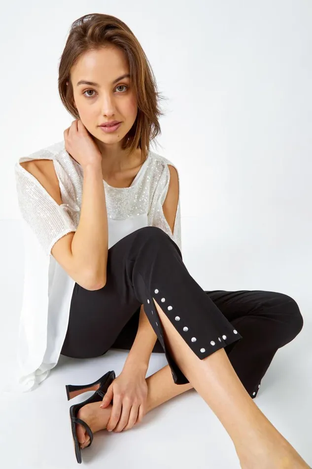 Black Elastic Waist Stud Detail Cropped Trouser Women Roman Trousers