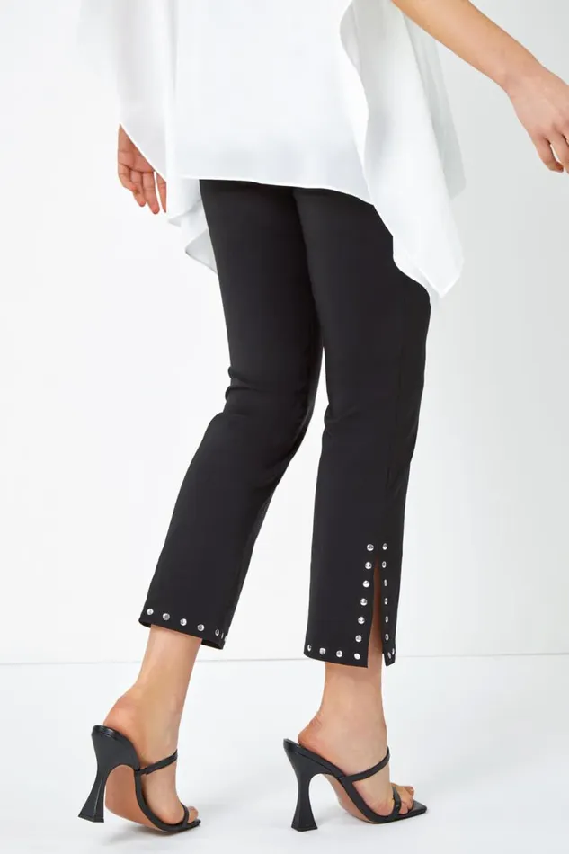 Black Elastic Waist Stud Detail Cropped Trouser Women Roman Trousers