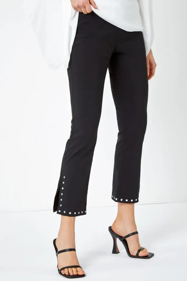 Black Elastic Waist Stud Detail Cropped Trouser Women Roman Trousers