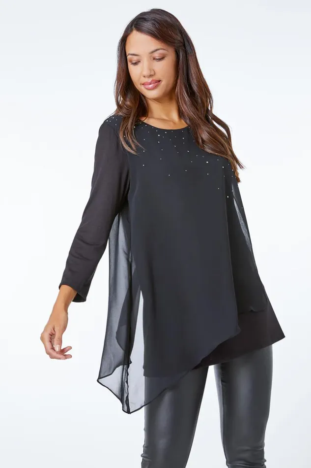 Black Embellished Chiffon Overlay Top Women Roman Tops
