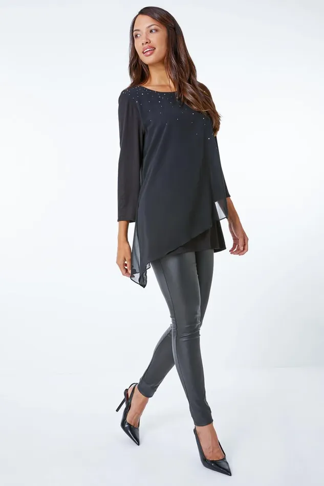Black Embellished Chiffon Overlay Top Women Roman Tops