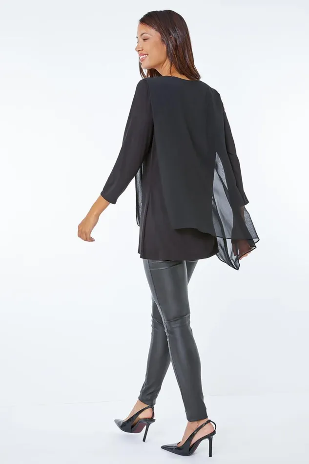 Black Embellished Chiffon Overlay Top Women Roman Tops
