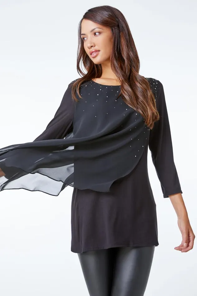 Black Embellished Chiffon Overlay Top Women Roman Tops
