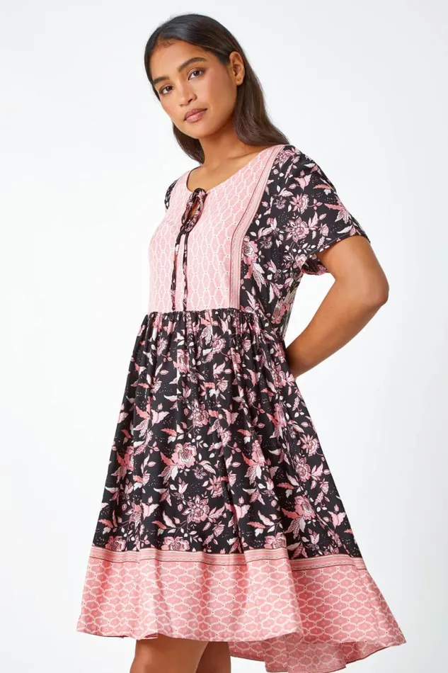 Black Floral Border Print Smock Dress Women Roman Dresses