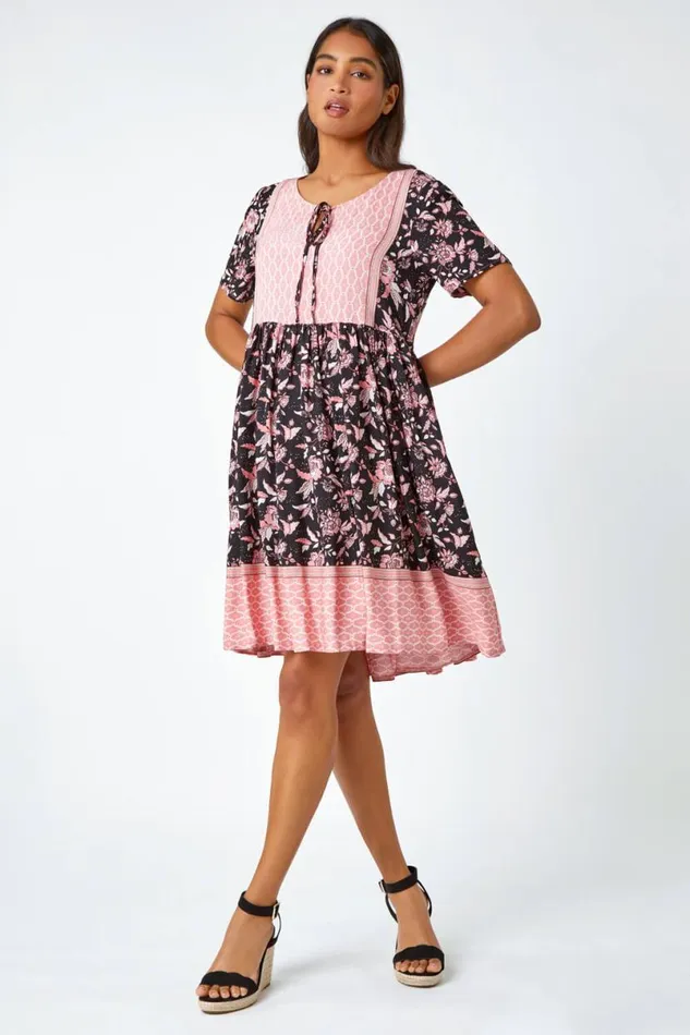 Black Floral Border Print Smock Dress Women Roman Dresses