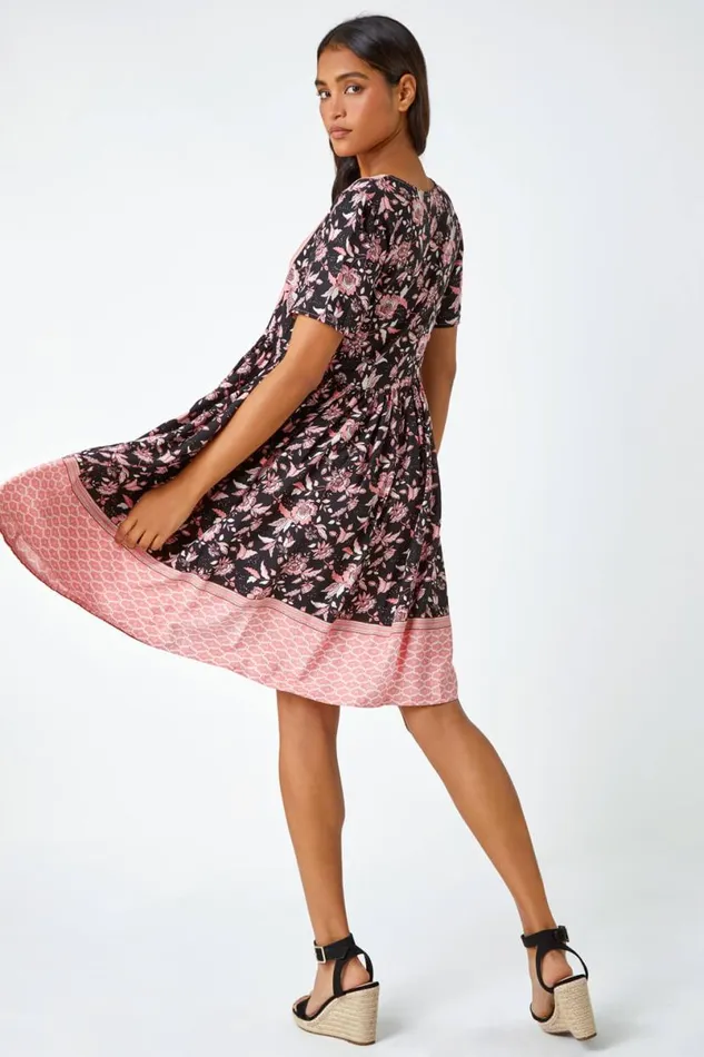 Black Floral Border Print Smock Dress Women Roman Dresses