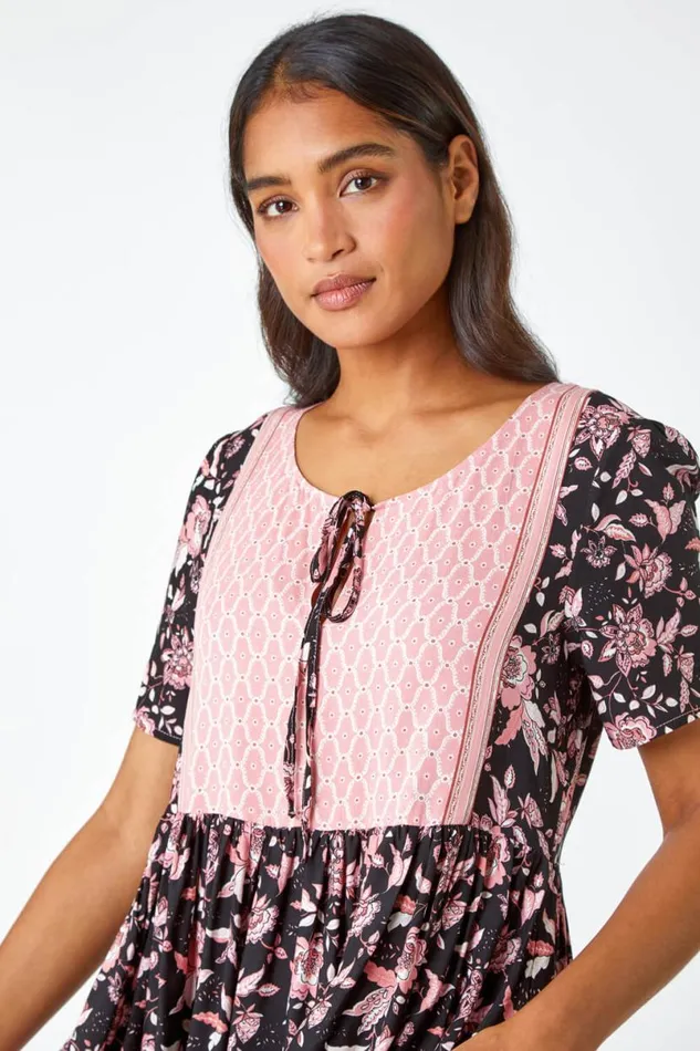 Black Floral Border Print Smock Dress Women Roman Dresses
