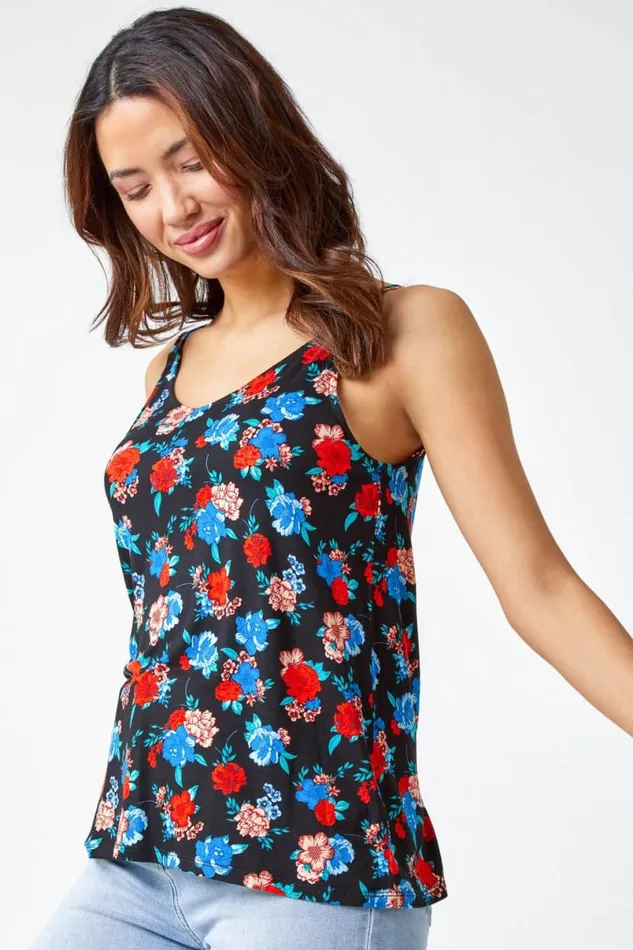 Black Floral Print Jersey VNeck Cami Women Roman Tops