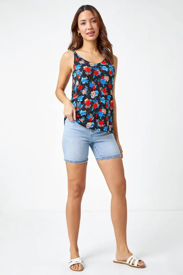 Black Floral Print Jersey VNeck Cami Women Roman Tops