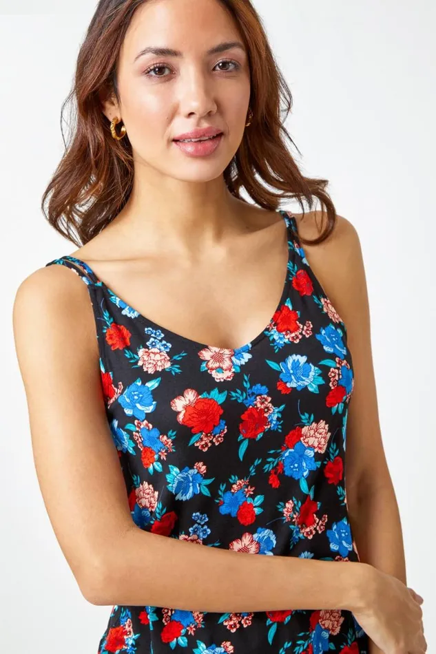 Black Floral Print Jersey VNeck Cami Women Roman Tops
