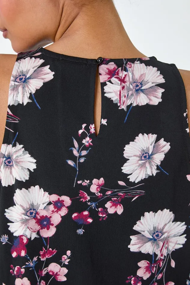 Black Floral Print Keyhole Vest Top Women Roman Tops