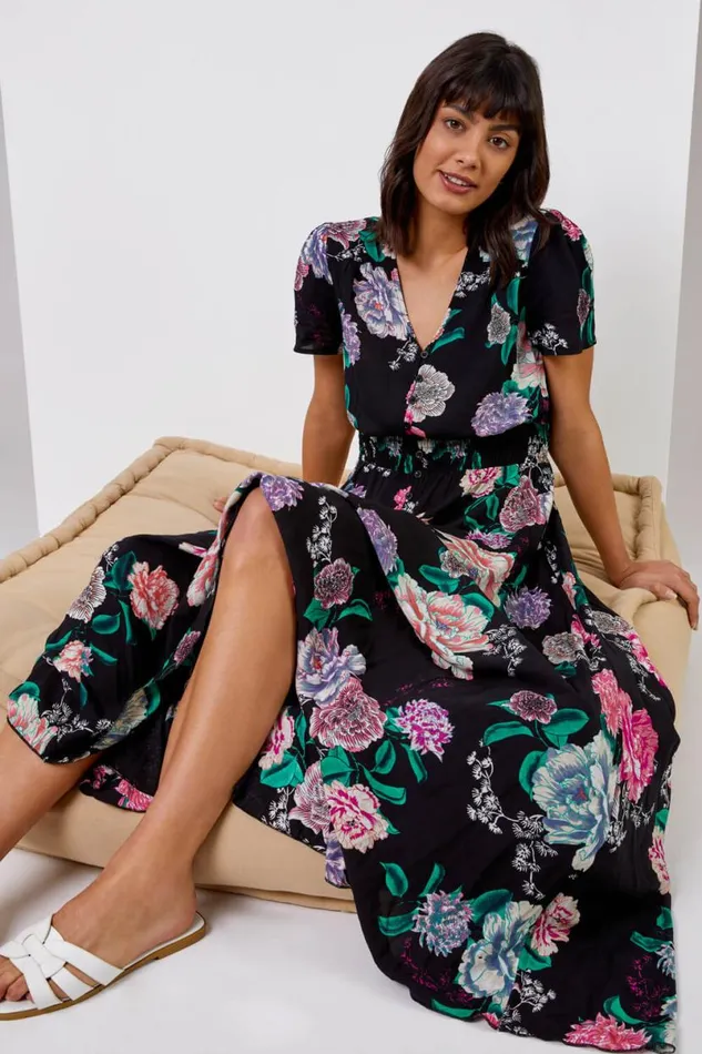 Black Floral Print Shirred Waist Maxi Dress Women Roman Dresses